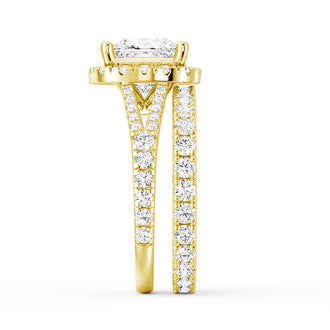 Princess Cut Split Shank Halo Moissanite Ring Set with Matching Wedding Band