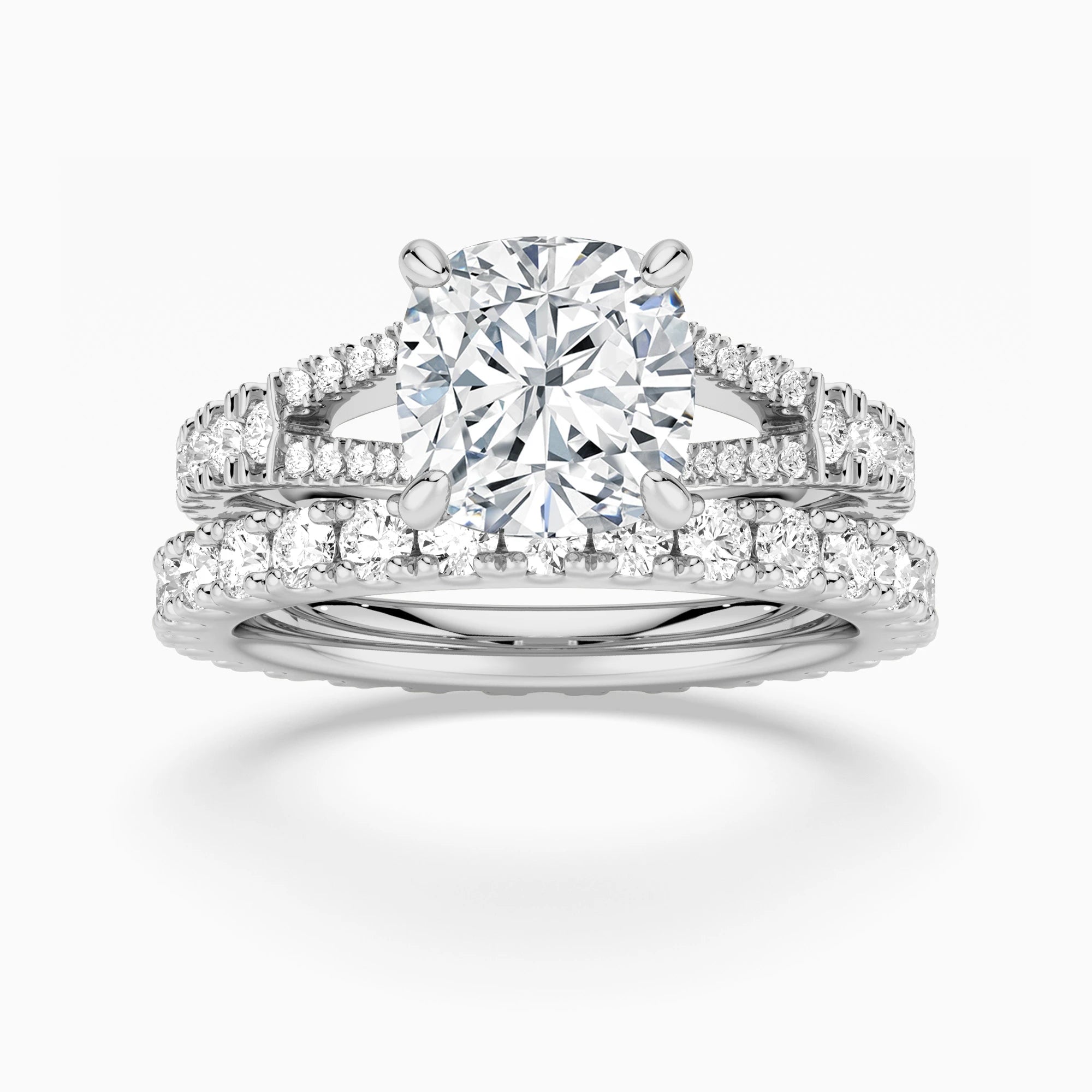 Cushion Cut Split Shank Moissanite Ring Set with Matching Wedding Band