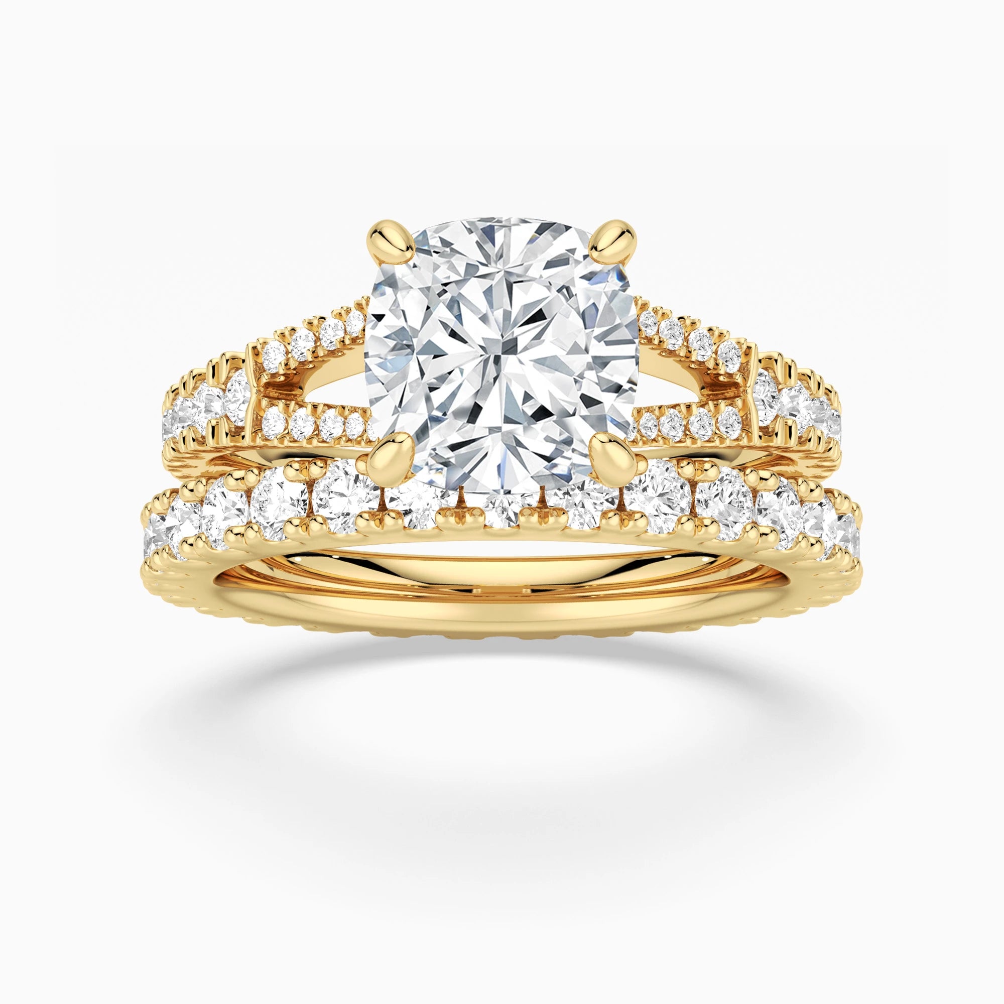 Cushion Cut Split Shank Moissanite Ring Set with Matching Wedding Band