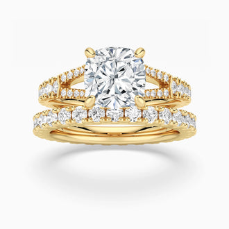 Cushion Cut Split Shank Moissanite Ring Set with Matching Wedding Band