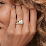 Custom Princess Cut Split Shank Moissanite Gold Ring Set with Matching Wedding Band