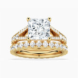Custom Princess Cut Split Shank Moissanite Gold Ring Set with Matching Wedding Band