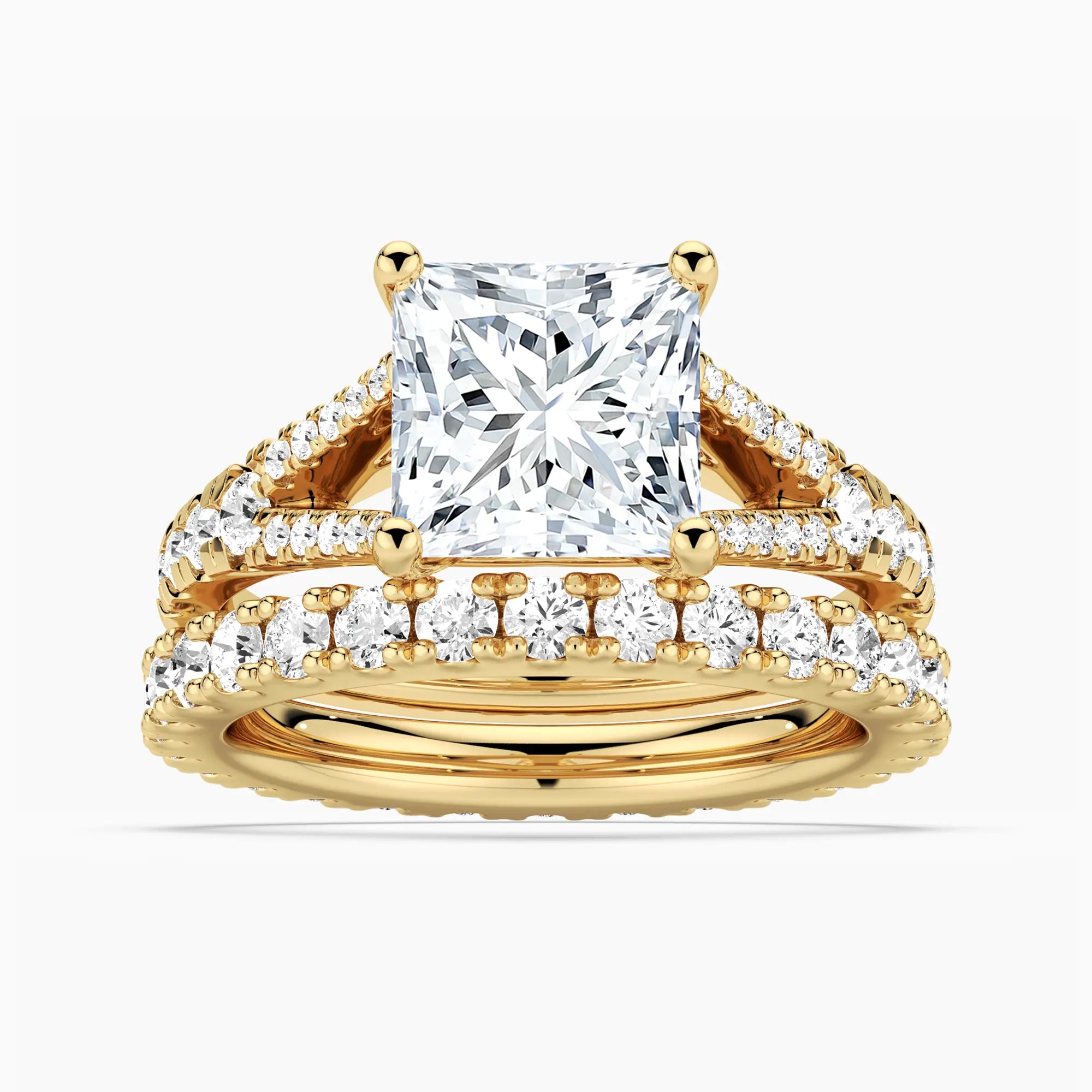 Custom Princess Cut Split Shank Moissanite Gold Ring Set with Matching Wedding Band
