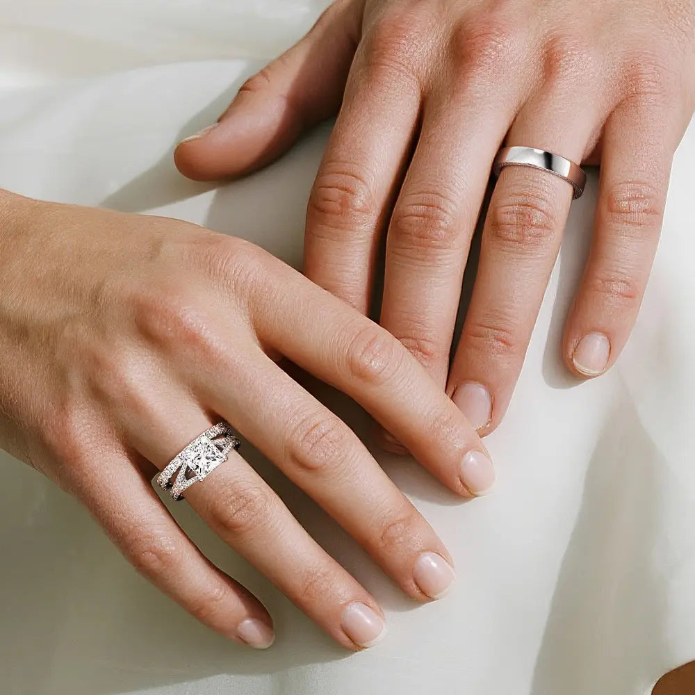 Princess Cut Split Shank Moissanite Couple's Ring Set with Men's Wedding Band