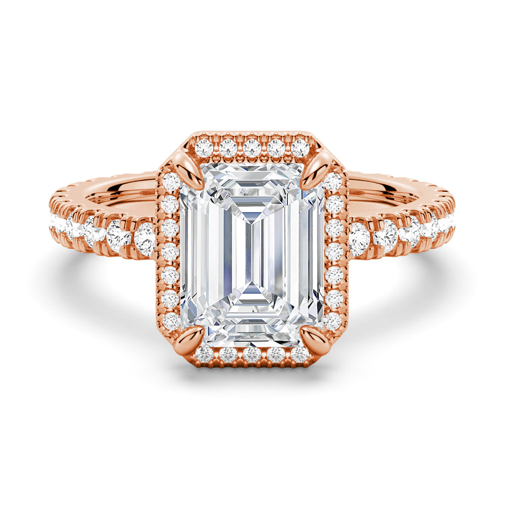 Half Eternity Emerald Cut Moissanite Halo Engagement Ring