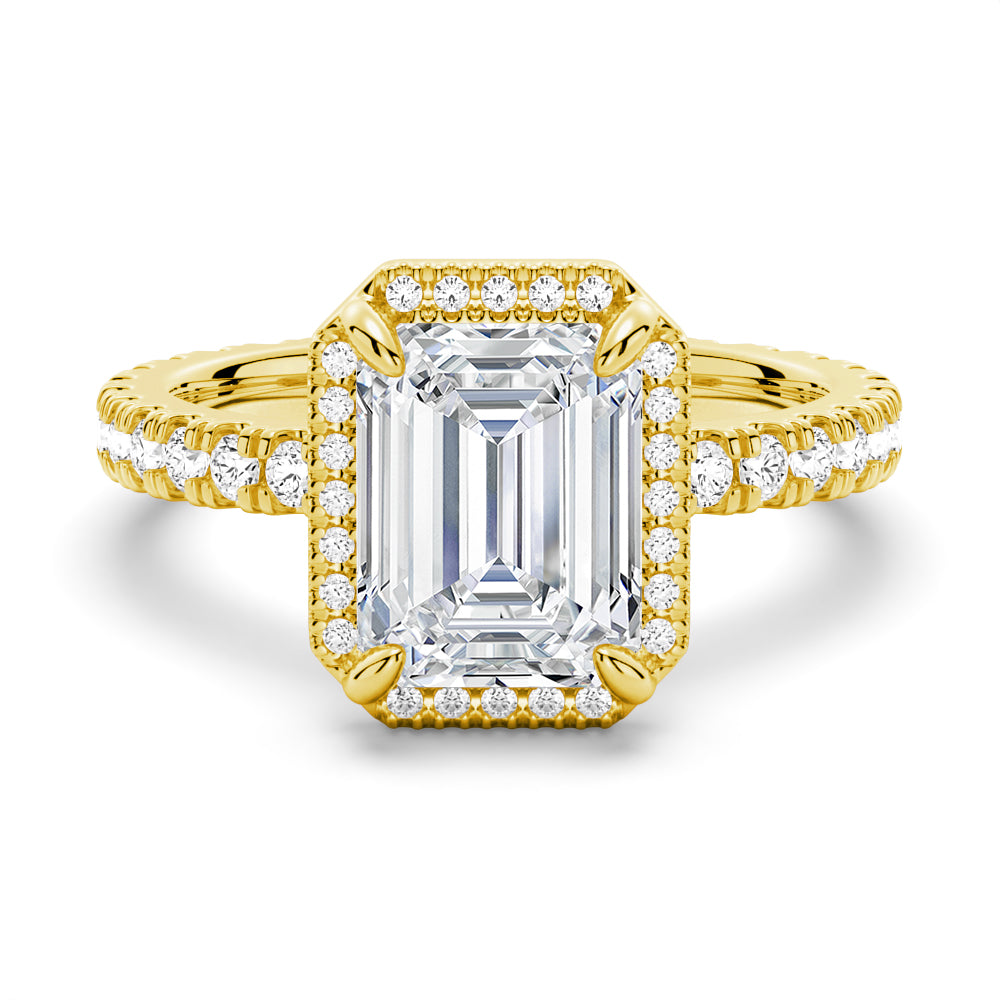 Half Eternity Emerald Cut Moissanite Halo Engagement Ring