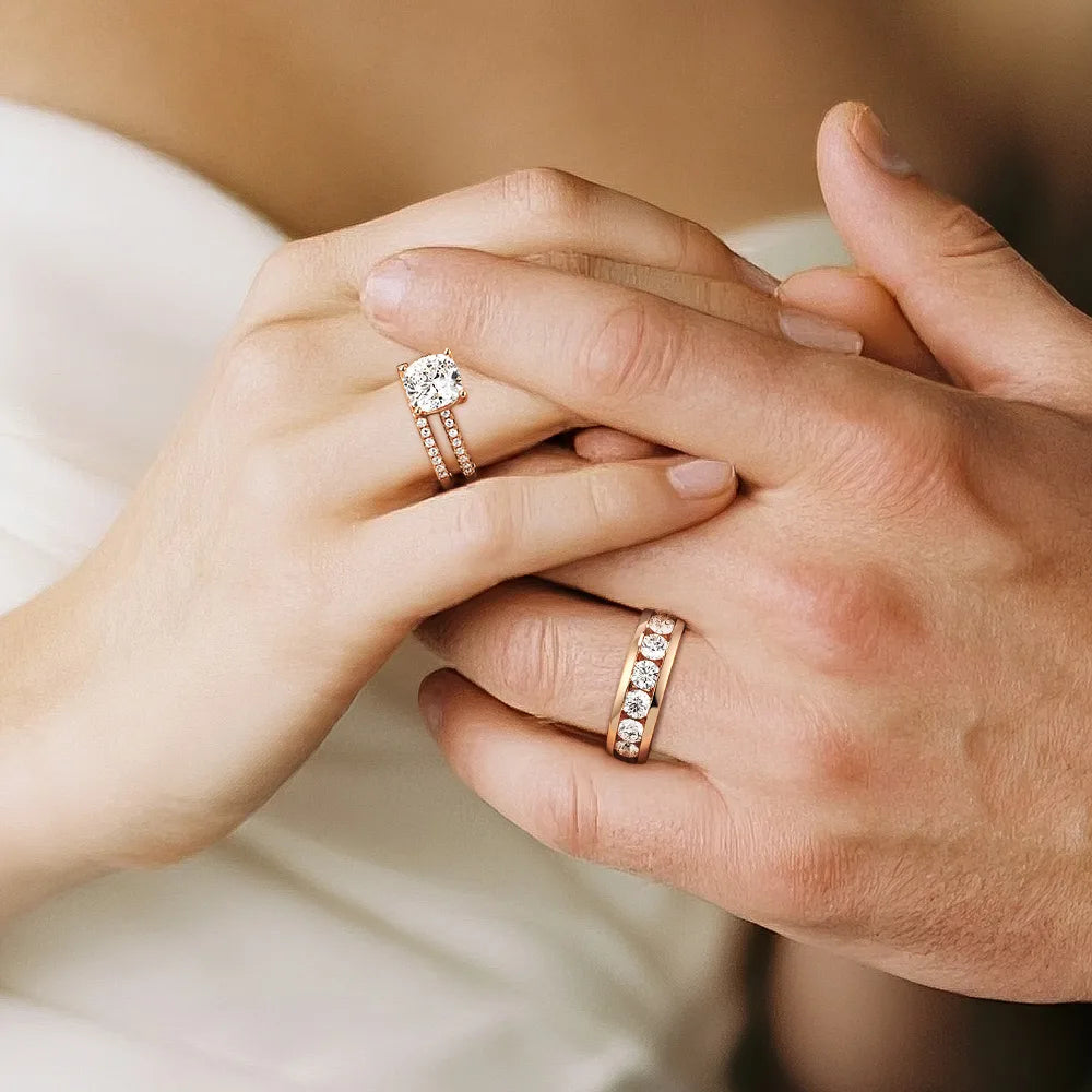 1.5 CT. Cushion Shaped Moissanite Couple's Ring Set with Men's Wedding Band