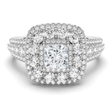 Triple Halo Vintage Princess Cut Moissanite Ring With Triple Row Pave Band