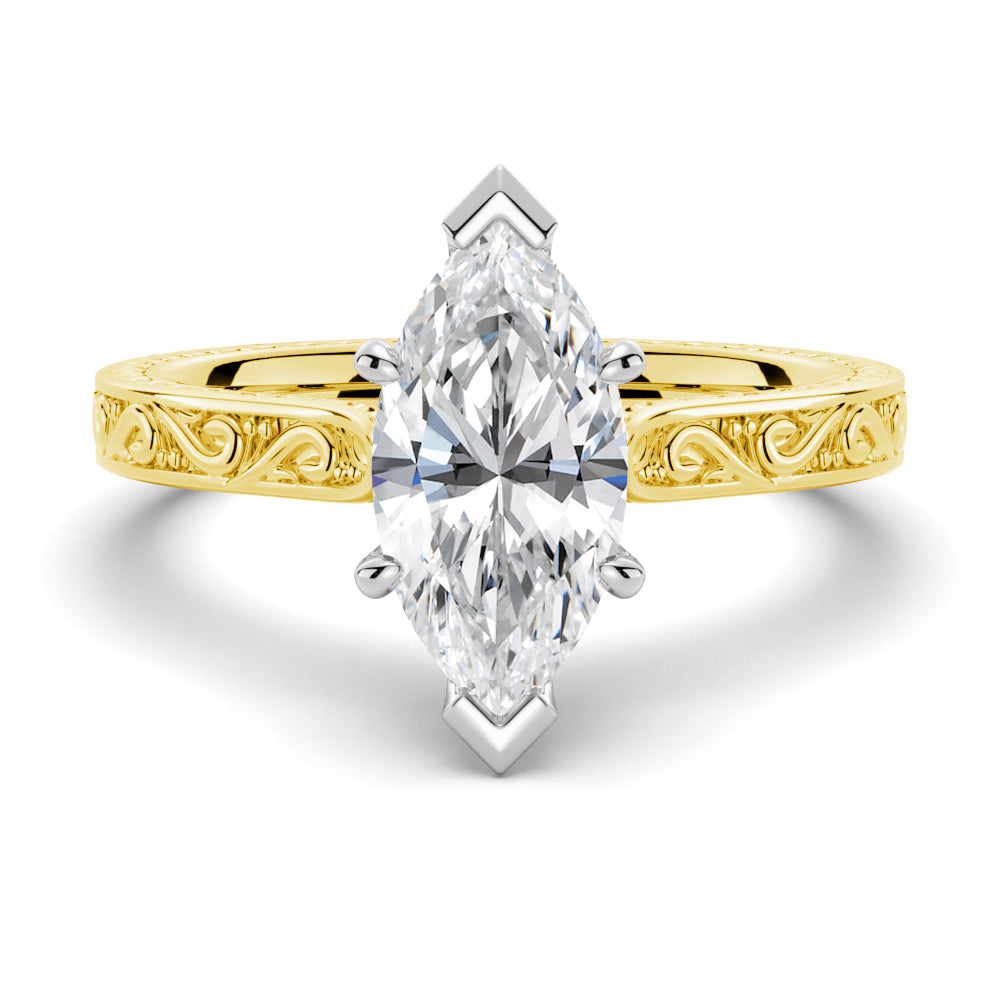 Vintage Two-Tone Marquise Moissanite Engagement Ring With Milgrain Edges