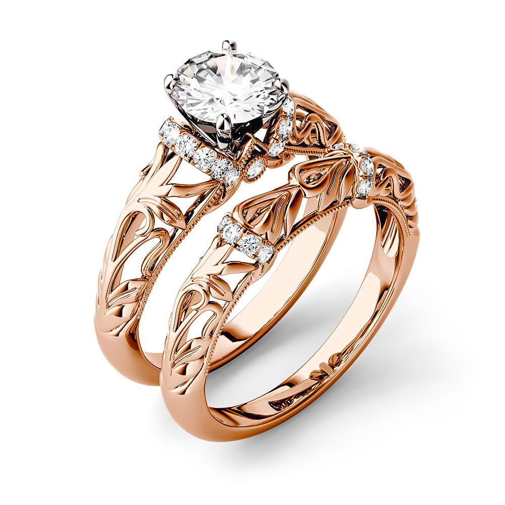 Vintage Art Deco Round Moissanite Engagement Ring Bridal Set