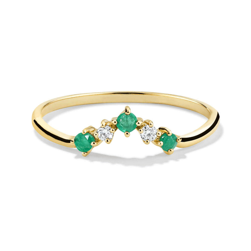 Curved V Shaped Lab Grown Emerald and Diamond Ring