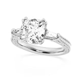 Cushion Cut Moissanite Filigree with Baguettes Vintage Engagement Ring