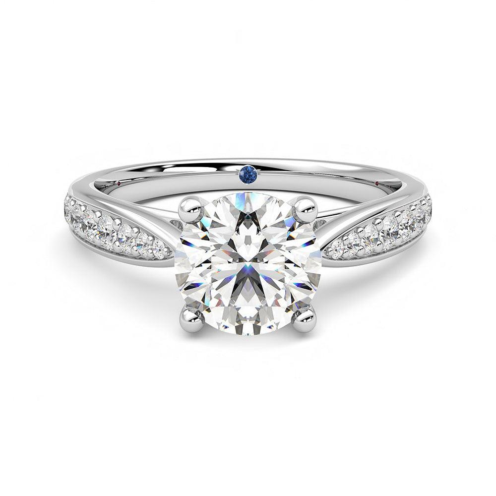 Round Moissanite Engagement Ring with Pavé Band and Hidden Anniversary Stone Accent - MSBLUE Jewelry