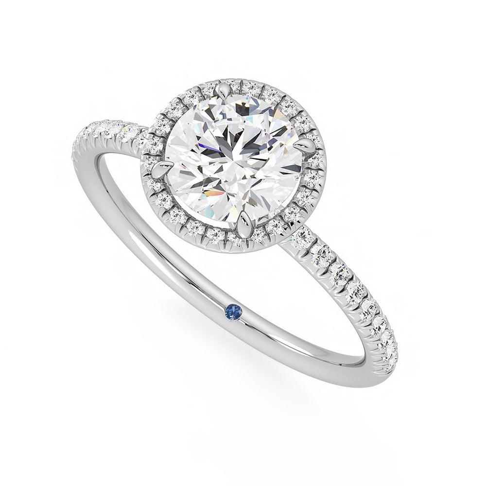 Round Halo Moissanite Engagement Ring with Hidden Anniversary Stone Accent - MSBLUE Jewelry