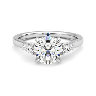 Three Stone Round Moissanite Engagement Ring with Hidden Anniversary Stone Accent - MSBLUE Jewelry