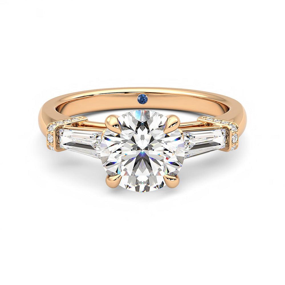 Three Stone Round Moissanite Engagement Ring with Hidden Anniversary Stone and Baguette Side Stones - MSBLUE Jewelry