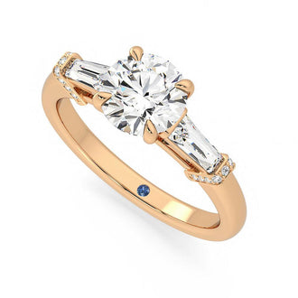 Three Stone Round Moissanite Engagement Ring with Hidden Anniversary Stone and Baguette Side Stones - MSBLUE Jewelry