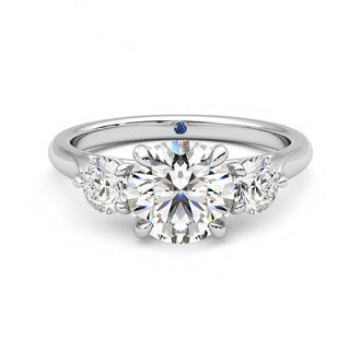 Four Prong Three Stone Round Moissanite Engagement Ring with Hidden Anniversary Stone Accent - MSBLUE Jewelry