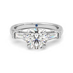 Three Stone Round Moissanite Engagement Ring with Hidden Anniversary Stone and Baguette Side Stones - MSBLUE Jewelry