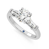 Three Stone Round Moissanite Engagement Ring with Hidden Anniversary Stone and Baguette Side Stones - MSBLUE Jewelry