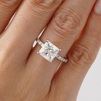 Princess Cut Moissanite Engagement Ring with Hidden Halo and Anniversary Stone Accent