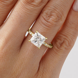 Princess Cut Moissanite Engagement Ring with Hidden Halo and Anniversary Stone Accent