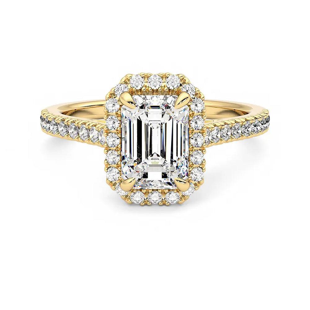 Emerald Cut Halo Moissanite Engagement Ring with Hidden Anniversary Stone Accent - MSBLUE Jewelry