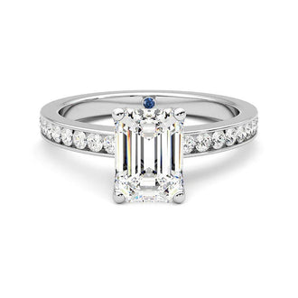 Emerald Cut Moissanite Engagement Ring with Hidden Anniversary Stone and Channel-Set Side Stones - MSBLUE Jewelry