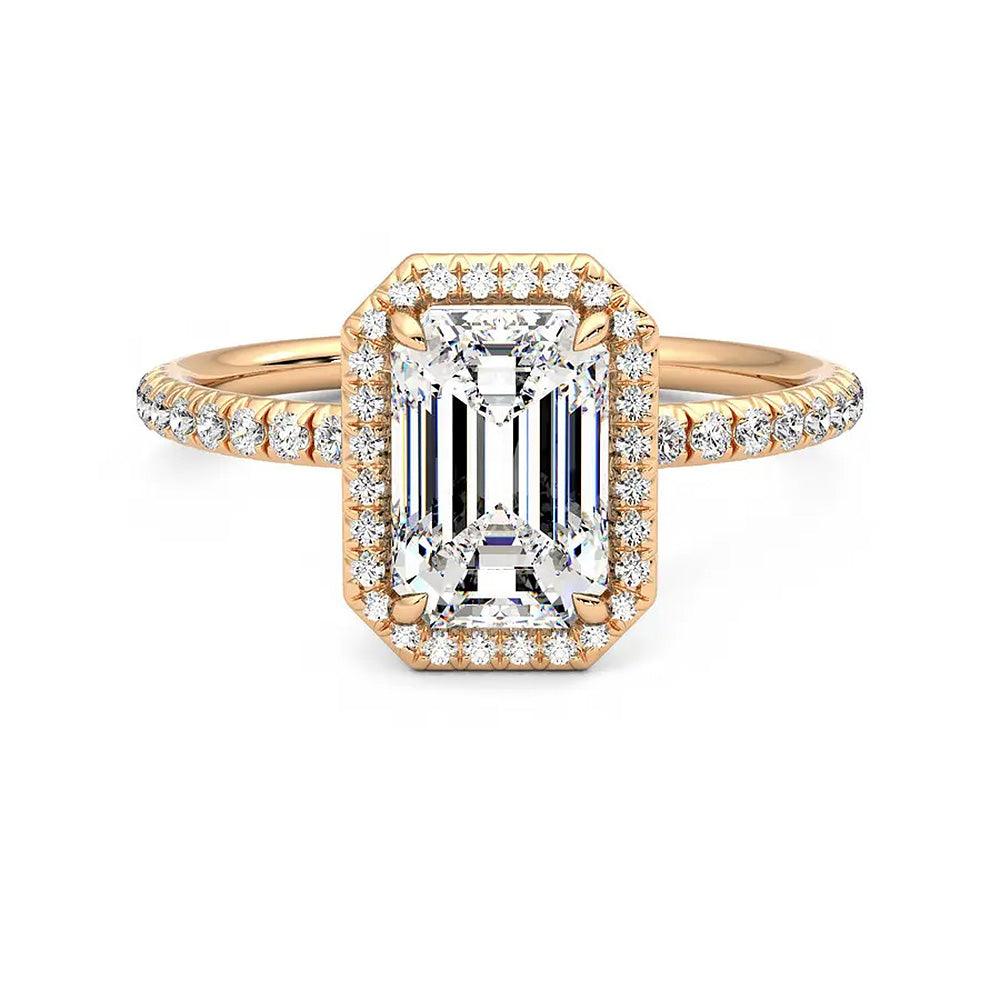 Classic Halo Emerald Cut Moissanite Engagement Ring with Hidden Anniversary Stone Accent - MSBLUE Jewelry