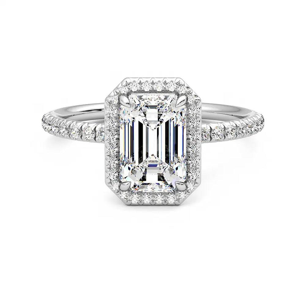 Classic Halo Emerald Cut Moissanite Engagement Ring with Hidden Anniversary Stone Accent - MSBLUE Jewelry