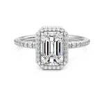 Classic Halo Emerald Cut Moissanite Engagement Ring with Hidden Anniversary Stone Accent - MSBLUE Jewelry