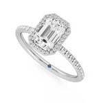 Classic Halo Emerald Cut Moissanite Engagement Ring with Hidden Anniversary Stone Accent - MSBLUE Jewelry