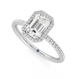 Classic Halo Emerald Cut Moissanite Engagement Ring with Hidden Anniversary Stone Accent - MSBLUE Jewelry