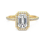 Classic Halo Emerald Cut Moissanite Engagement Ring with Hidden Anniversary Stone Accent - MSBLUE Jewelry