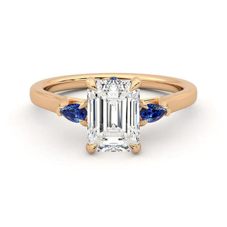 Three Stone Emerald Cut Moissanite Engagement Ring with Hidden Anniversary Stone Accent - MSBLUE Jewelry