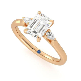 Three Stone Emerald Cut Moissanite and Sapphire Engagement Ring with Hidden Anniversary Stone Accent - MSBLUE Jewelry