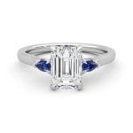 Three Stone Emerald Cut Moissanite Engagement Ring with Hidden Anniversary Stone Accent - MSBLUE Jewelry