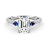 Three Stone Emerald Cut Moissanite Engagement Ring with Hidden Anniversary Stone Accent - MSBLUE Jewelry