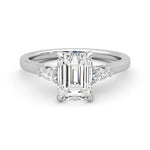 Three Stone Emerald Cut Moissanite and Sapphire Engagement Ring with Hidden Anniversary Stone Accent - MSBLUE Jewelry