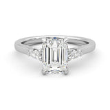 Three Stone Emerald Cut Moissanite and Sapphire Engagement Ring with Hidden Anniversary Stone Accent - MSBLUE Jewelry