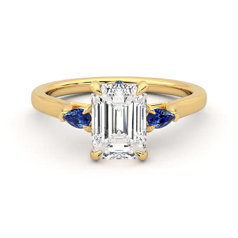 Three Stone Emerald Cut Moissanite Engagement Ring with Hidden Anniversary Stone Accent - MSBLUE Jewelry