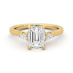 Three Stone Emerald Cut Moissanite and Sapphire Engagement Ring with Hidden Anniversary Stone Accent - MSBLUE Jewelry