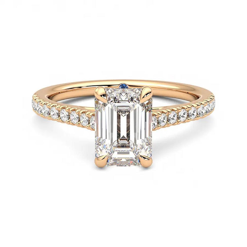 Emerald Cut Moissanite Engagement Ring with Hidden Anniversary Stone and Pavé Accents - MSBLUE Jewelry