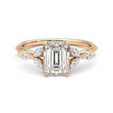 Emerald Cut Moissanite Engagement Ring with Marquise Petals and Hidden Anniversary Stone Accent - MSBLUE Jewelry