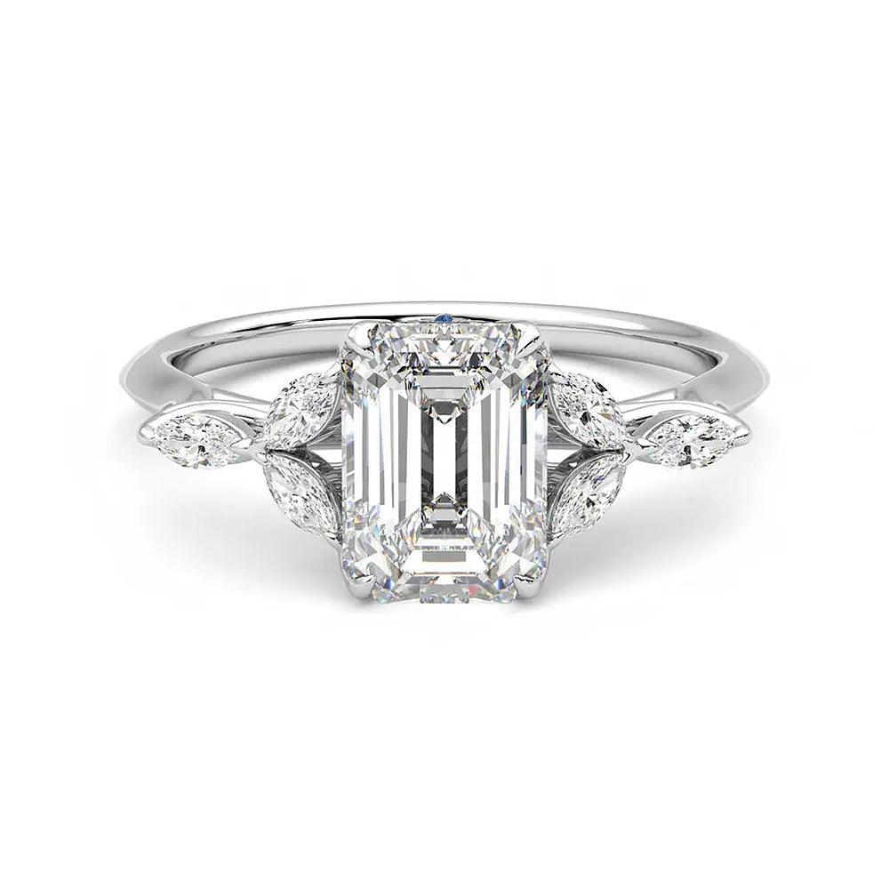 Emerald Cut Moissanite Engagement Ring with Marquise Petals and Hidden Anniversary Stone Accent - MSBLUE Jewelry