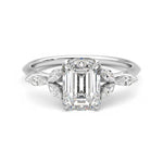 Emerald Cut Moissanite Engagement Ring with Marquise Petals and Hidden Anniversary Stone Accent - MSBLUE Jewelry