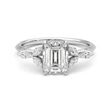 Emerald Cut Moissanite Engagement Ring with Marquise Petals and Hidden Anniversary Stone Accent - MSBLUE Jewelry