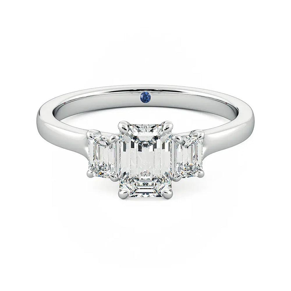 Four Prong Three Stone Emerald Cut Moissanite Engagement Ring with Hidden Anniversary Stone Accent - MSBLUE Jewelry