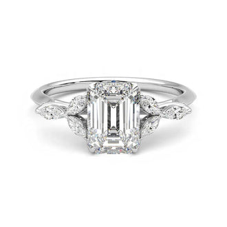 Emerald Cut Moissanite Engagement Ring with Marquise Petals and Hidden Anniversary Stone Accent - MSBLUE Jewelry