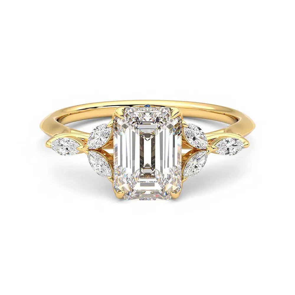 Emerald Cut Moissanite Engagement Ring with Marquise Petals and Hidden Anniversary Stone Accent - MSBLUE Jewelry